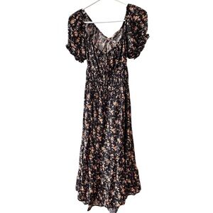Milkmaid Black Floral Maxi Dress Smocked Cottagecore Romantic Prairie Tiered L